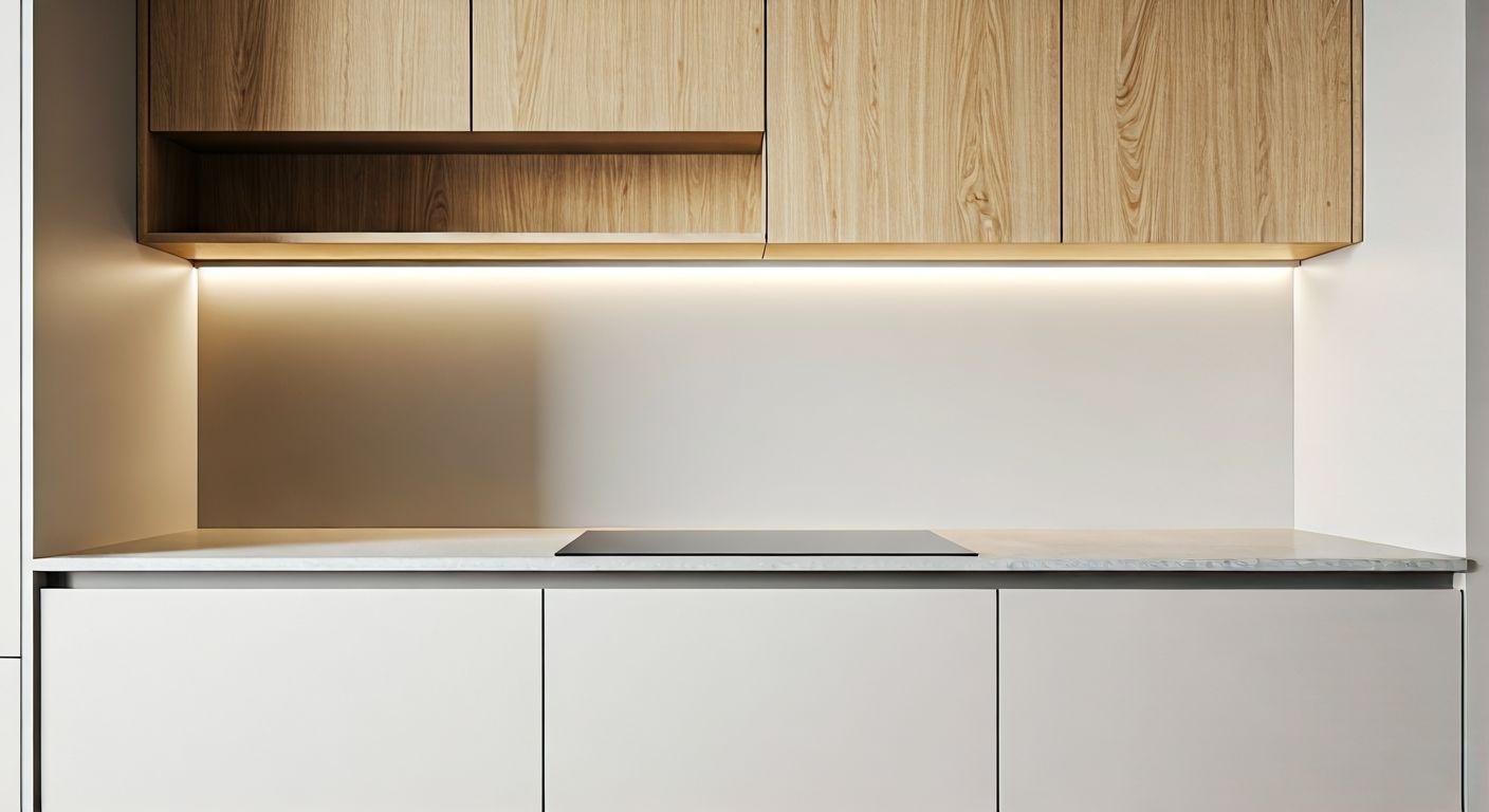 Кухня с открытыми полками и подсветкой