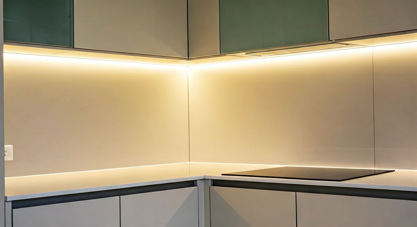 Многоуровневое освещение в светлой кухне