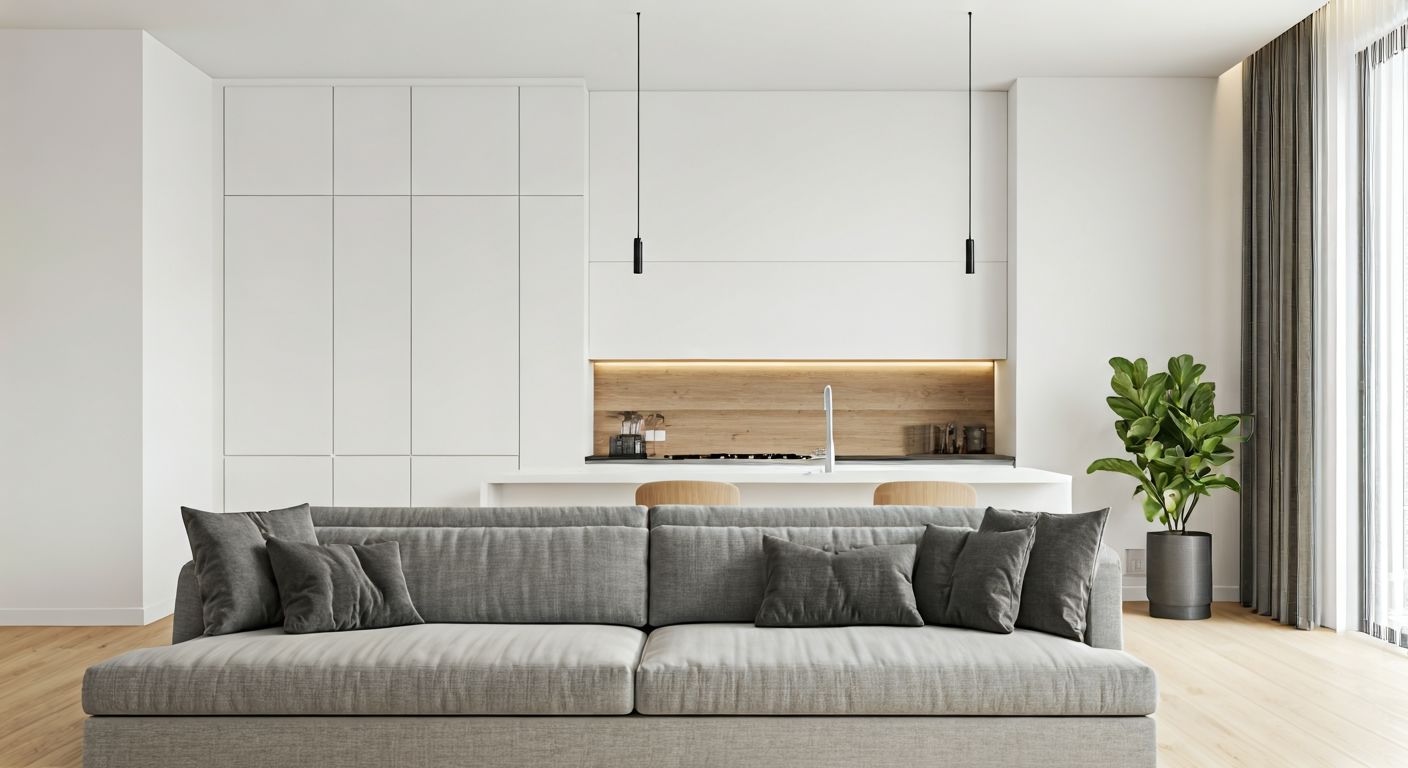 Зонирование диваном между кухней и гостиной