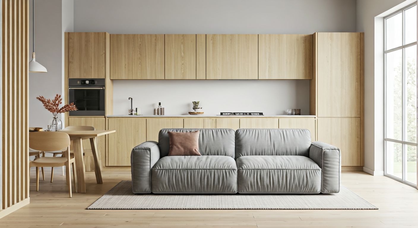 Скандинавская кухня-гостиная в светлых тонах