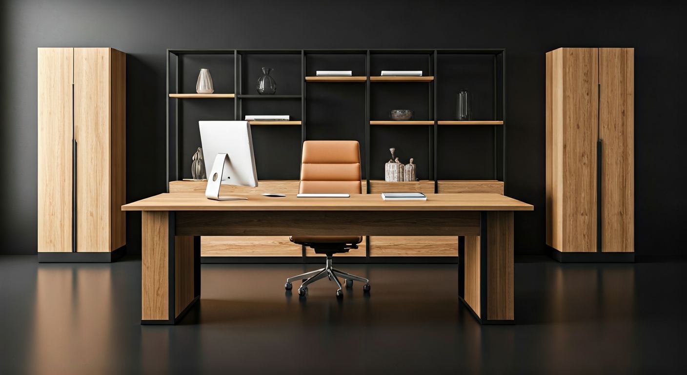 роскошный кабинет с массивной деревянной мебелью