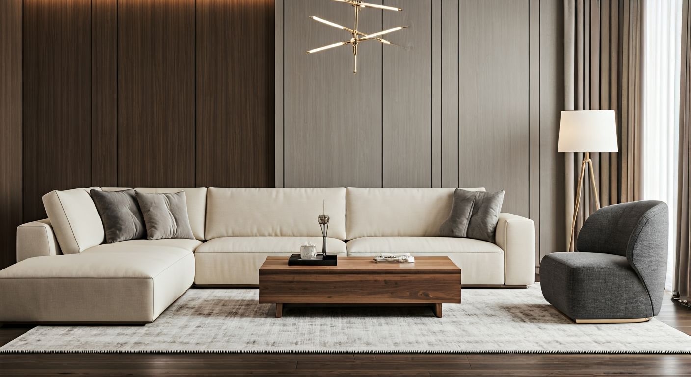 роскошная гостиная бежевой и серой мебели