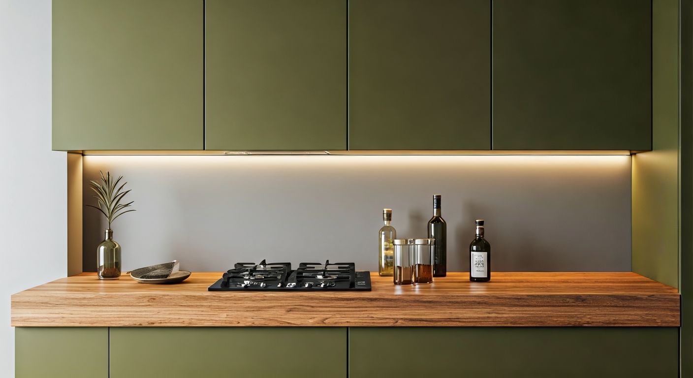 современная кухня с зелеными и деревянными фасадами