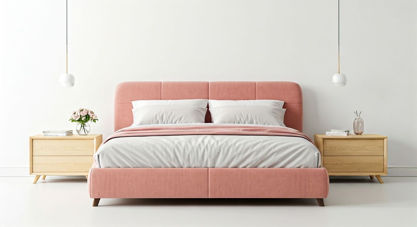 спальня с пудровой кроватью и светлыми тумбами