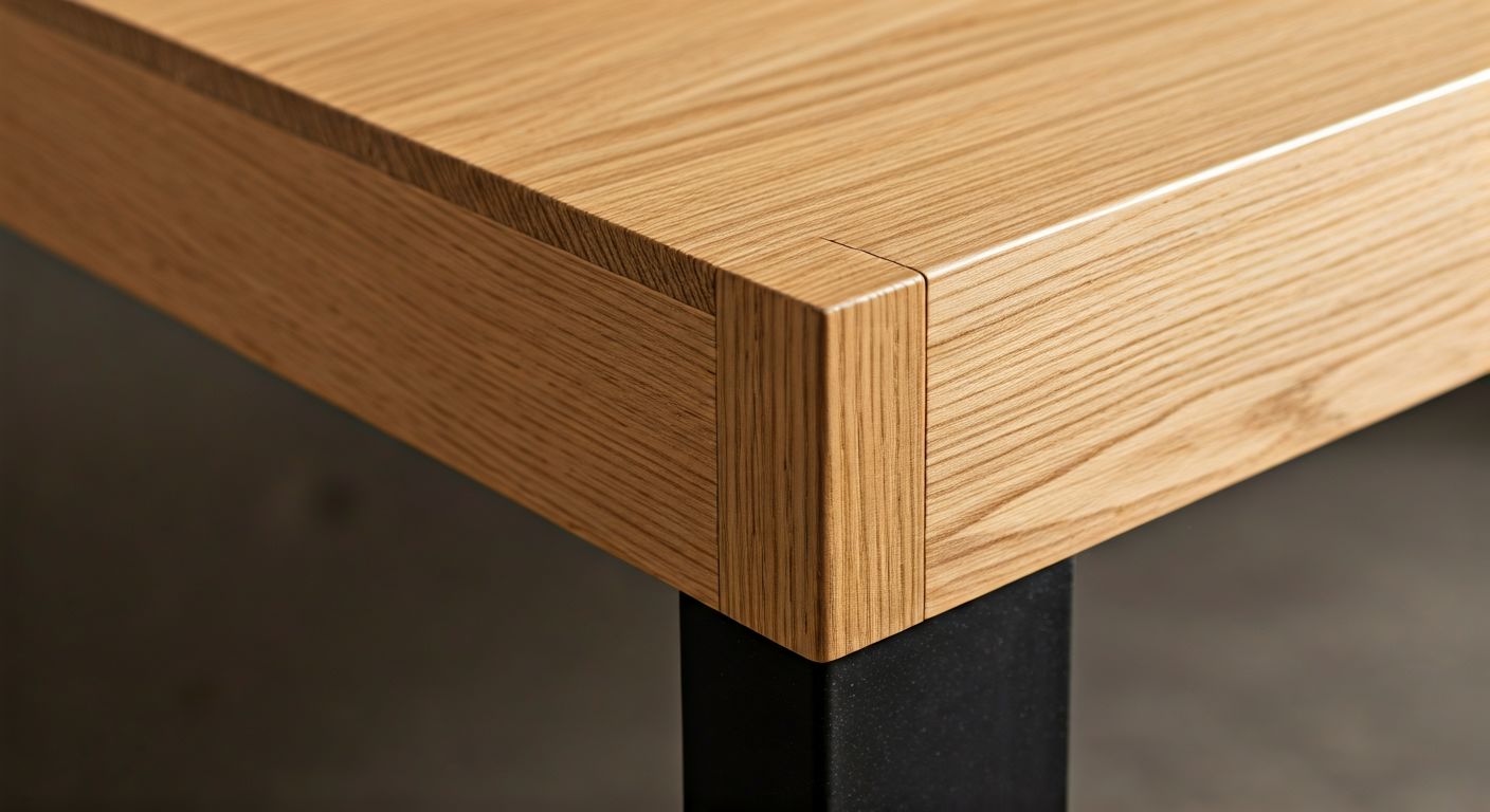 Деталь стыка деревянного стола и металла