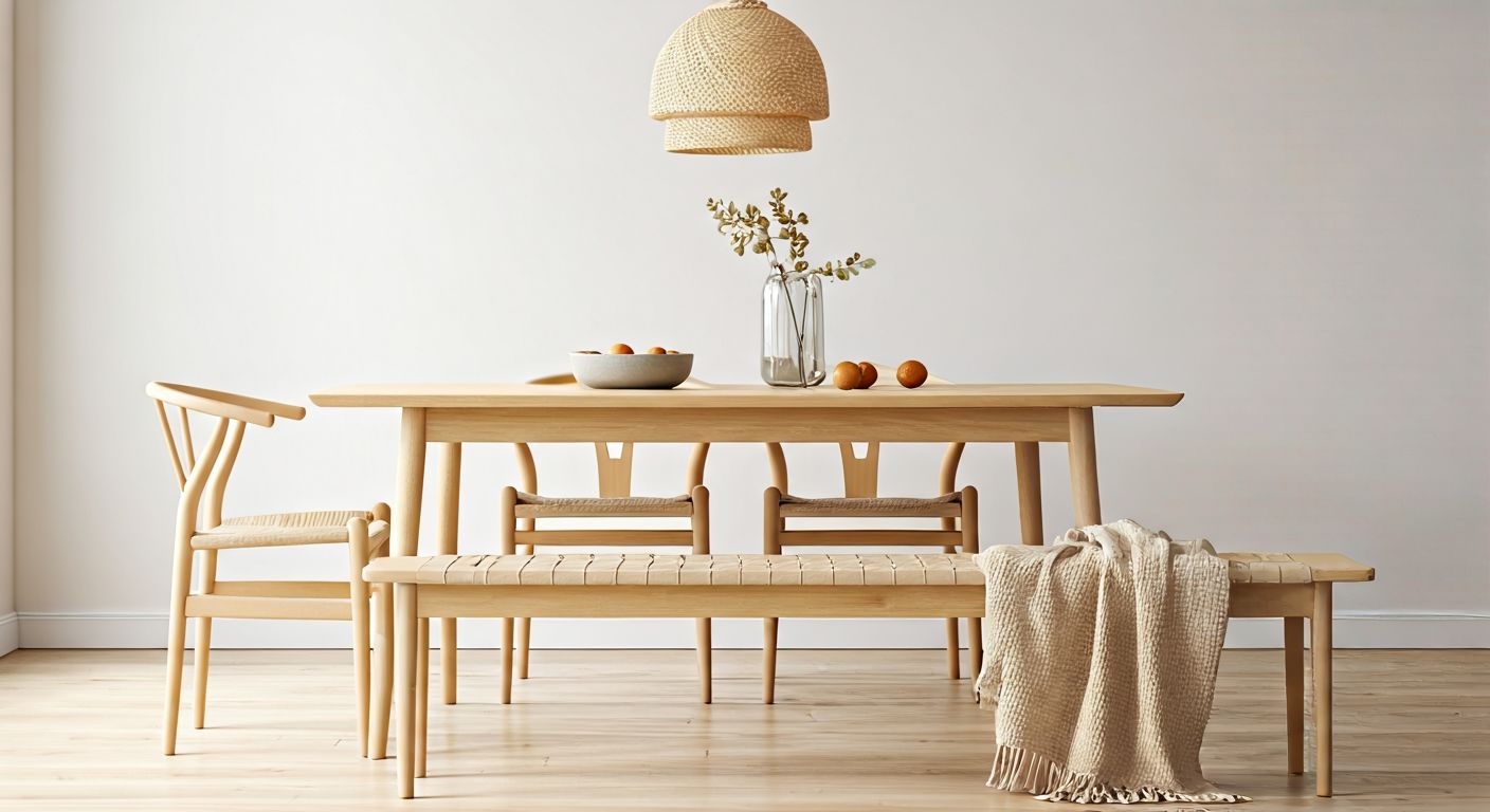 Светлая скандинавская столовая с мебелью