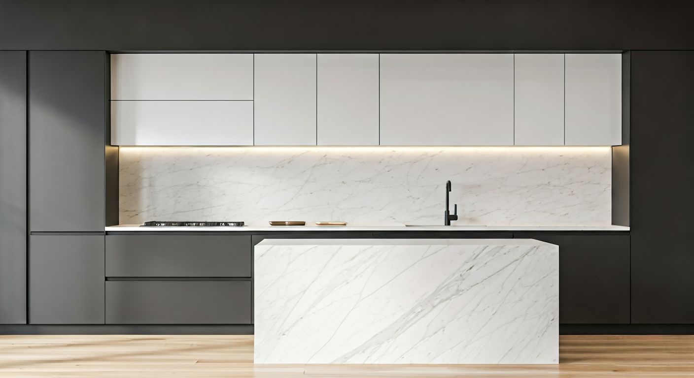 Двухцветная кухня с островом и подсветкой