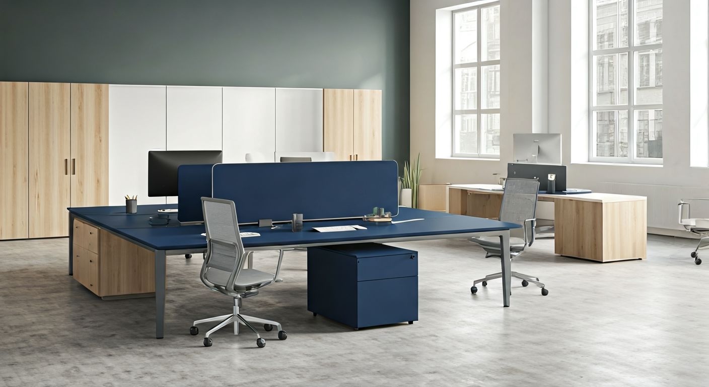 Роскошный офис с сине-серой мебелью