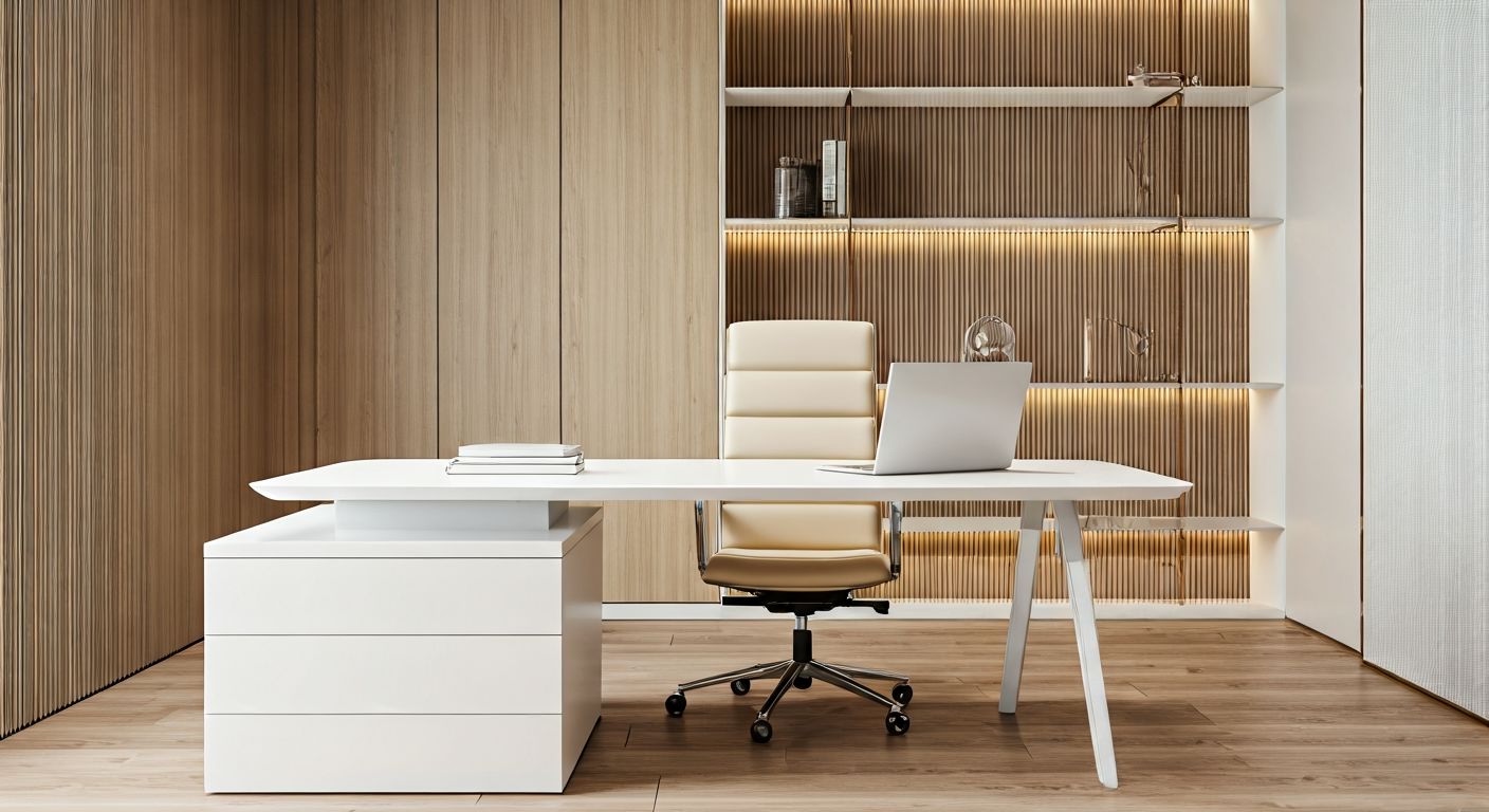 Кабинет руководителя с белой глянцевой мебелью