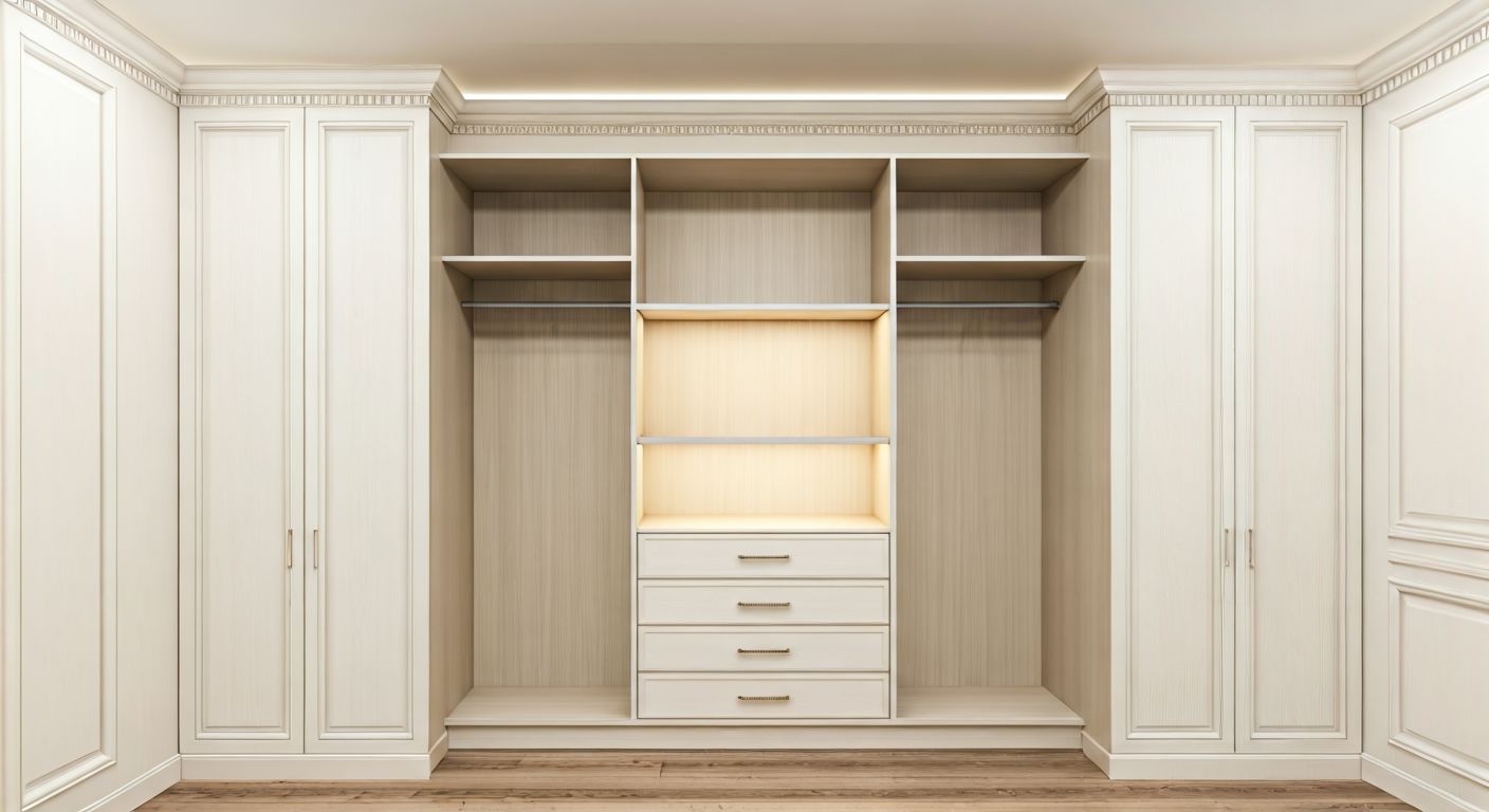 стильный корпусный шкаф в светлой спальне