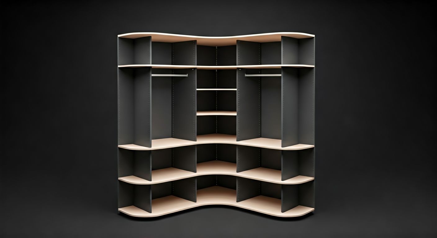 угловой шкаф с радиусными полками внутри