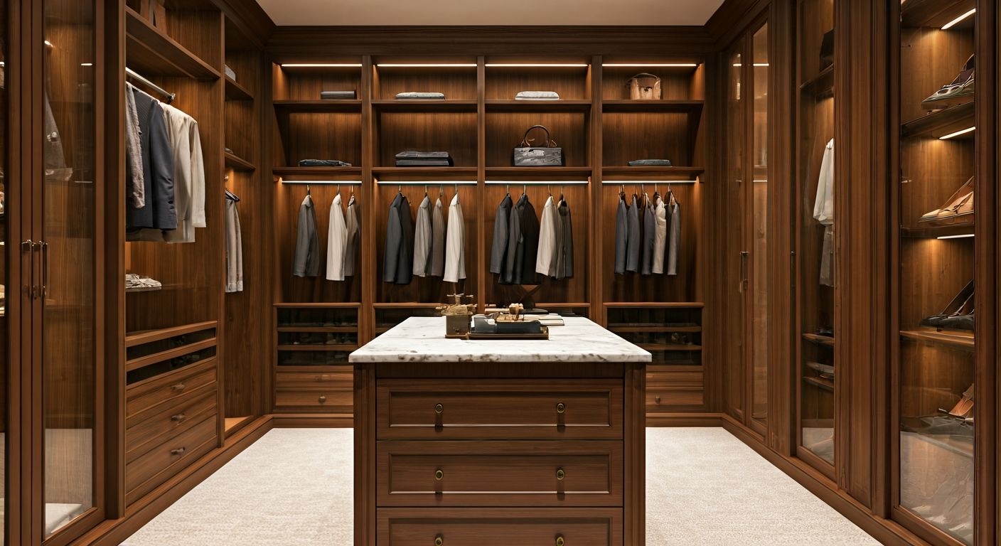 Роскошная гардеробная в спальне с подсветкой