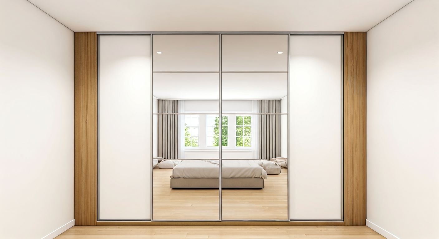 Современный встроенный шкаф-купе в нише с зеркалом