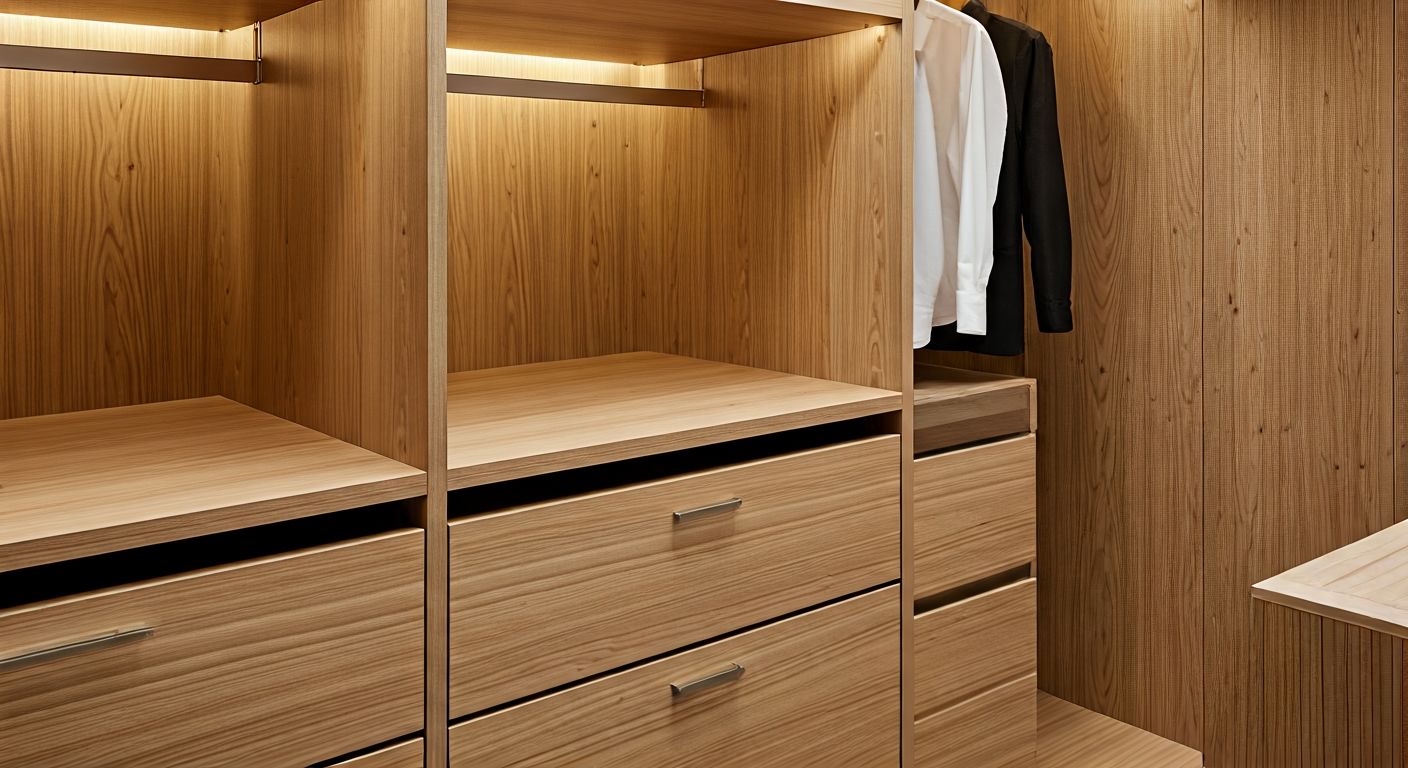 Детали внутреннего убранства гардеробной с подсветкой