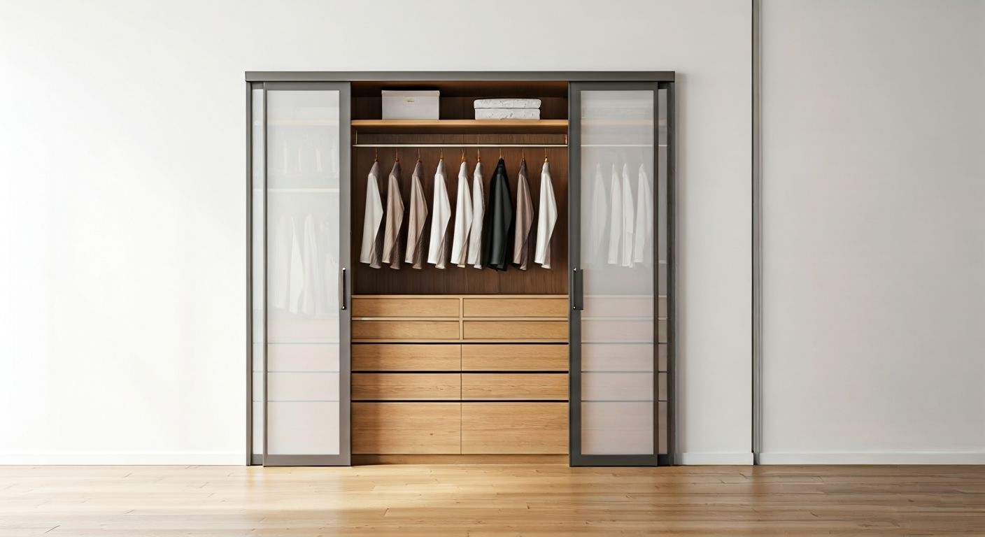 Мини-гардеробная за раздвижными дверьми с отделкой под дерево