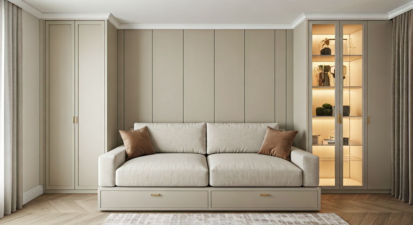 роскошная гостиная с встроенным хранением