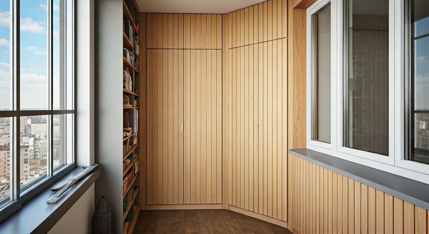 балкон с шкафами до потолка