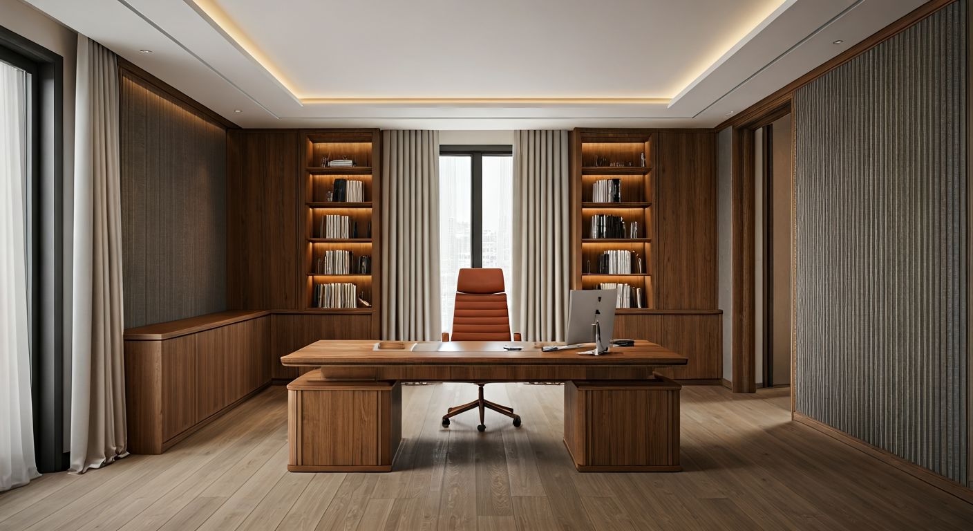 Роскошный домашний кабинет с деревянной мебелью
