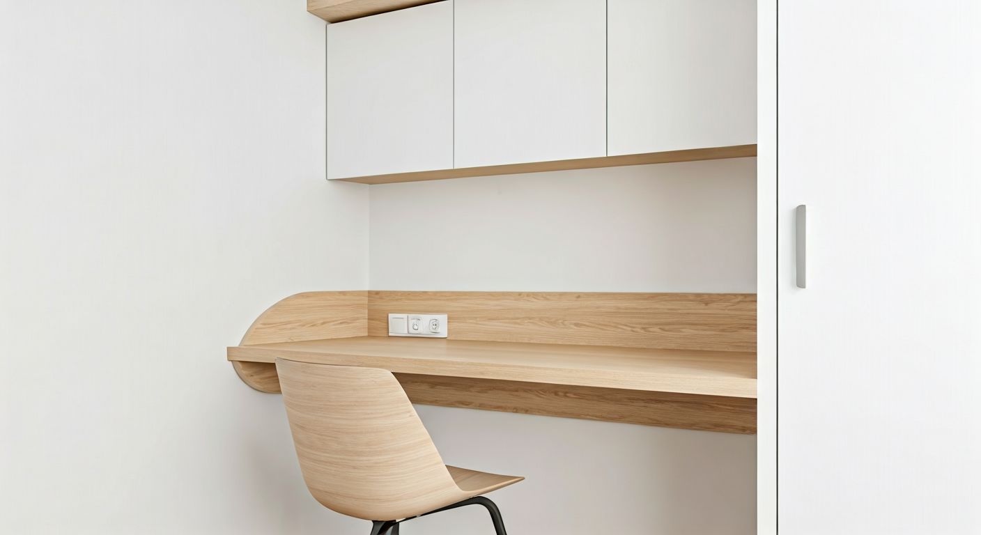 Минималистичный кабинет светлого дерева и скрытыми ручками