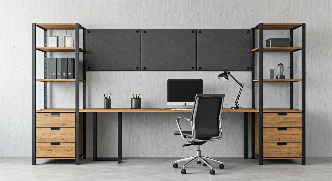 Лофт кабинет с металлическими стеллажами