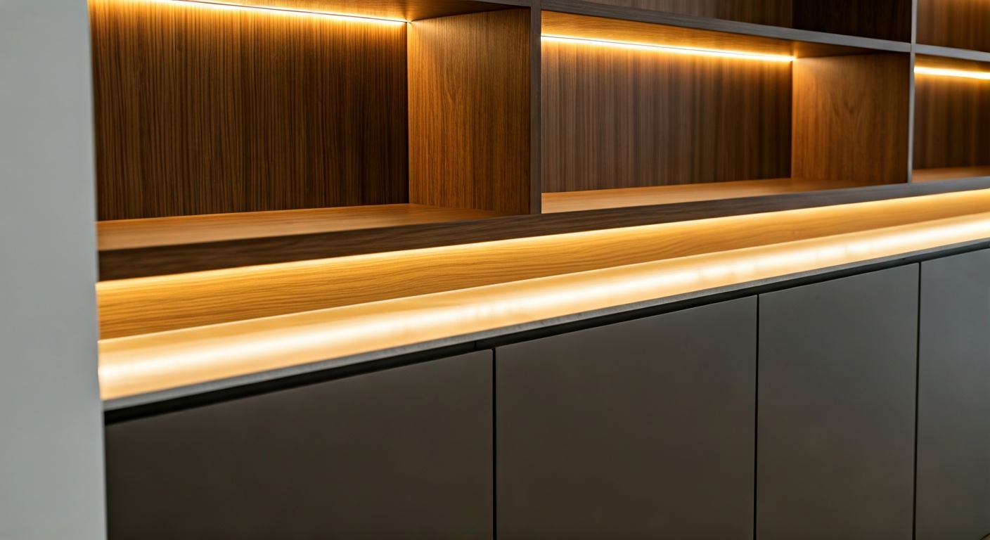 Модульная стена с открытыми полками и подсветкой