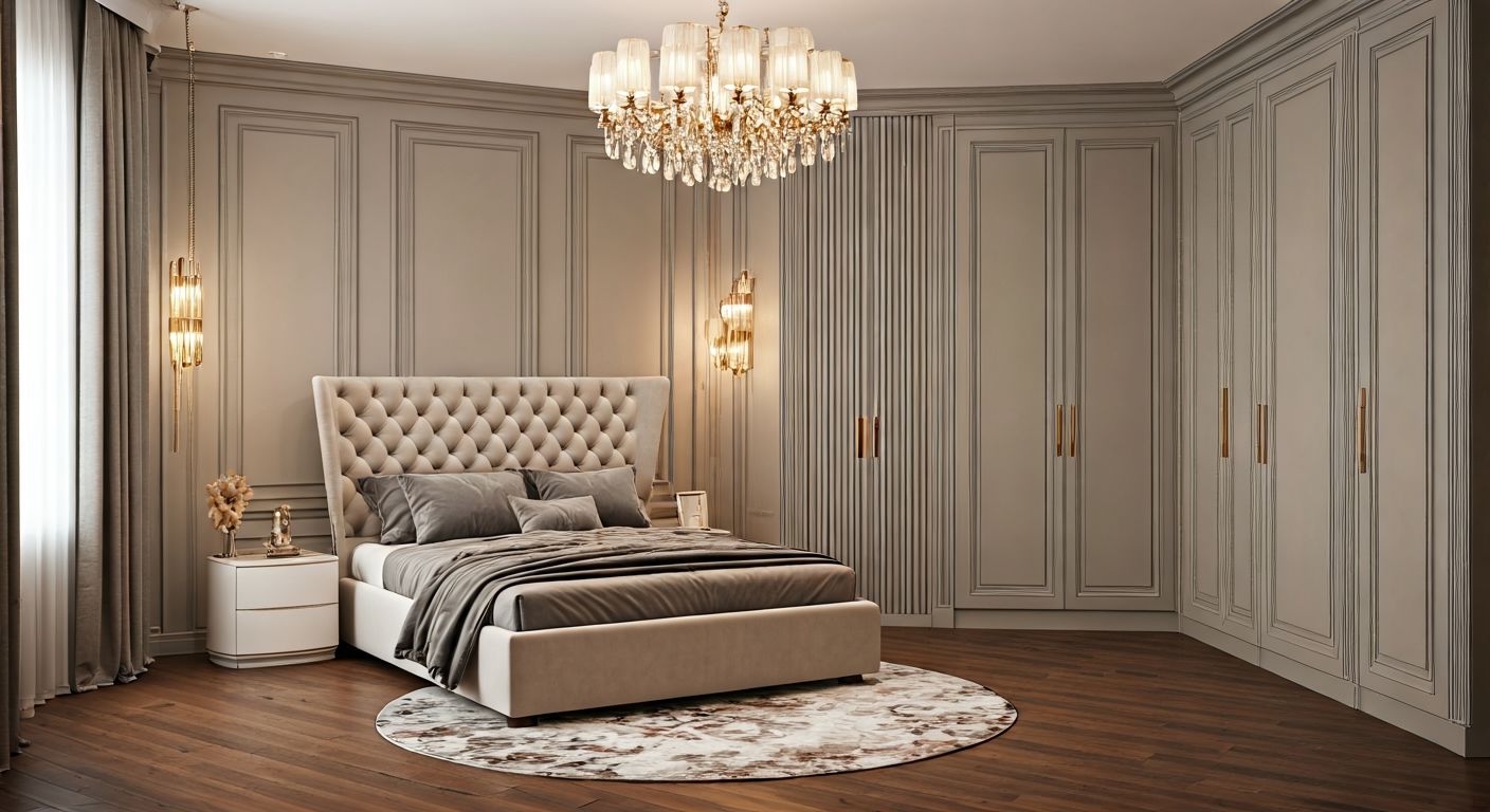 Роскошная неоклассическая спальня без людей
