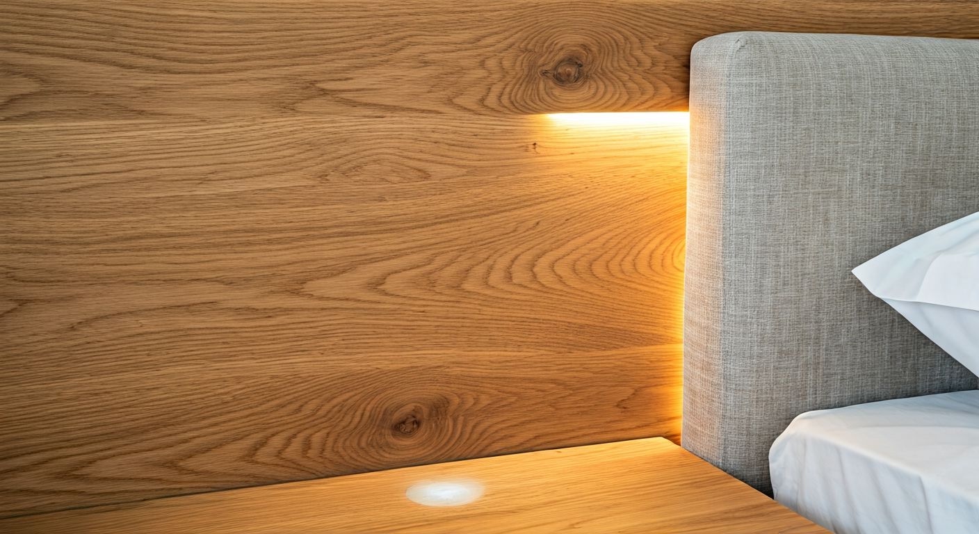 Детали деревянной кровати с подсветкой