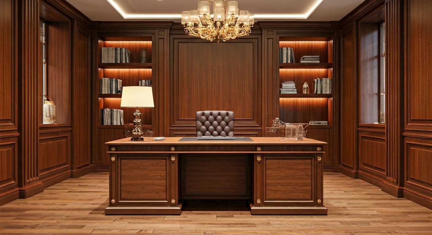роскошный руководительский офис с мебелью из дерева