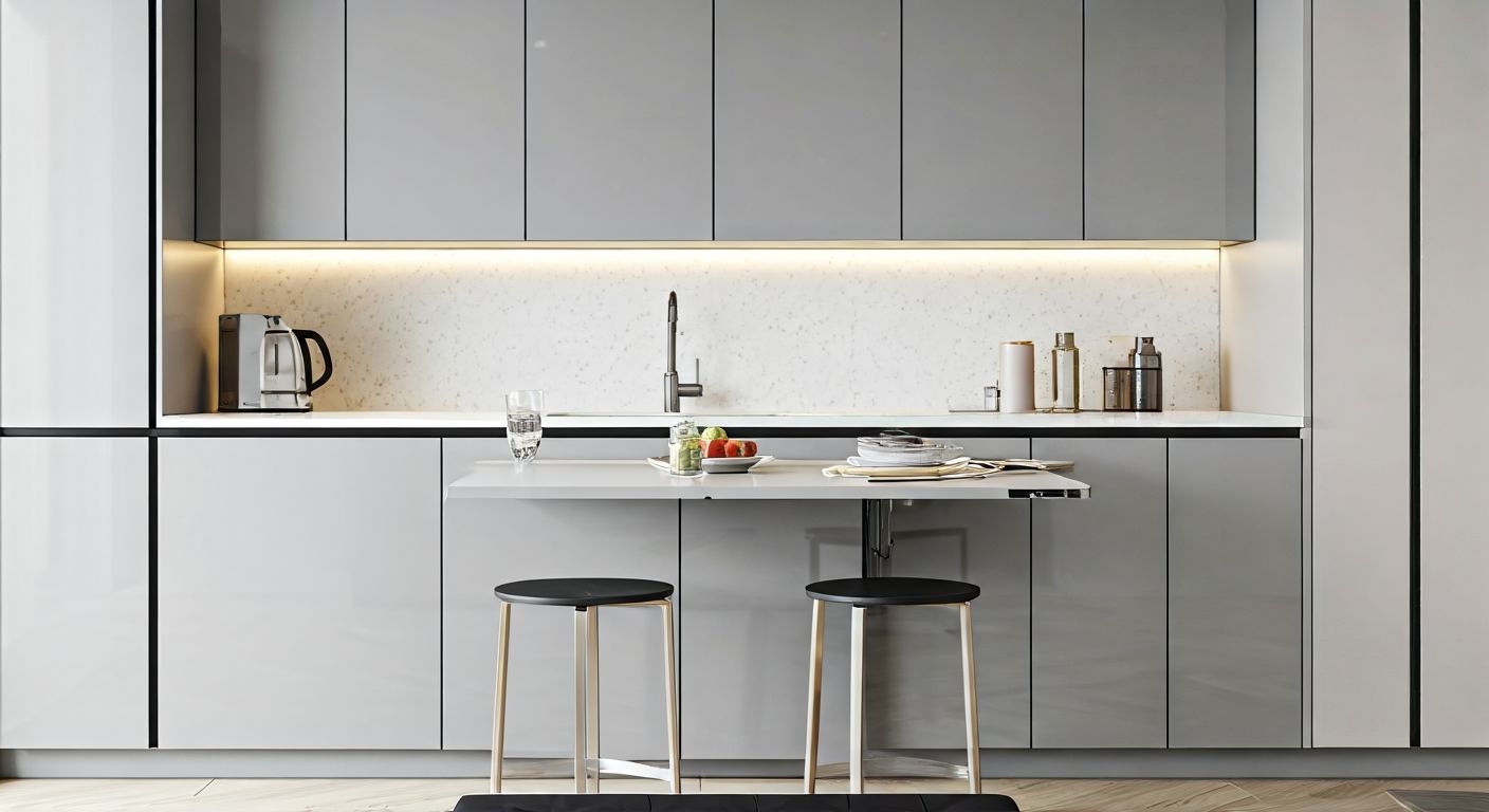 Минималистичная прямая кухня с холодильником