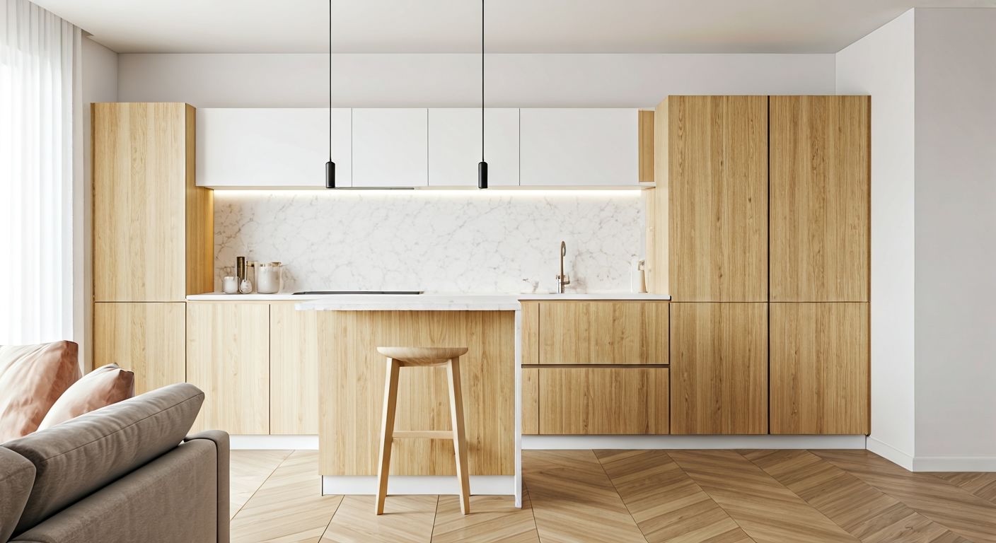 Сканди-кухня-гостиная с барной стойкой