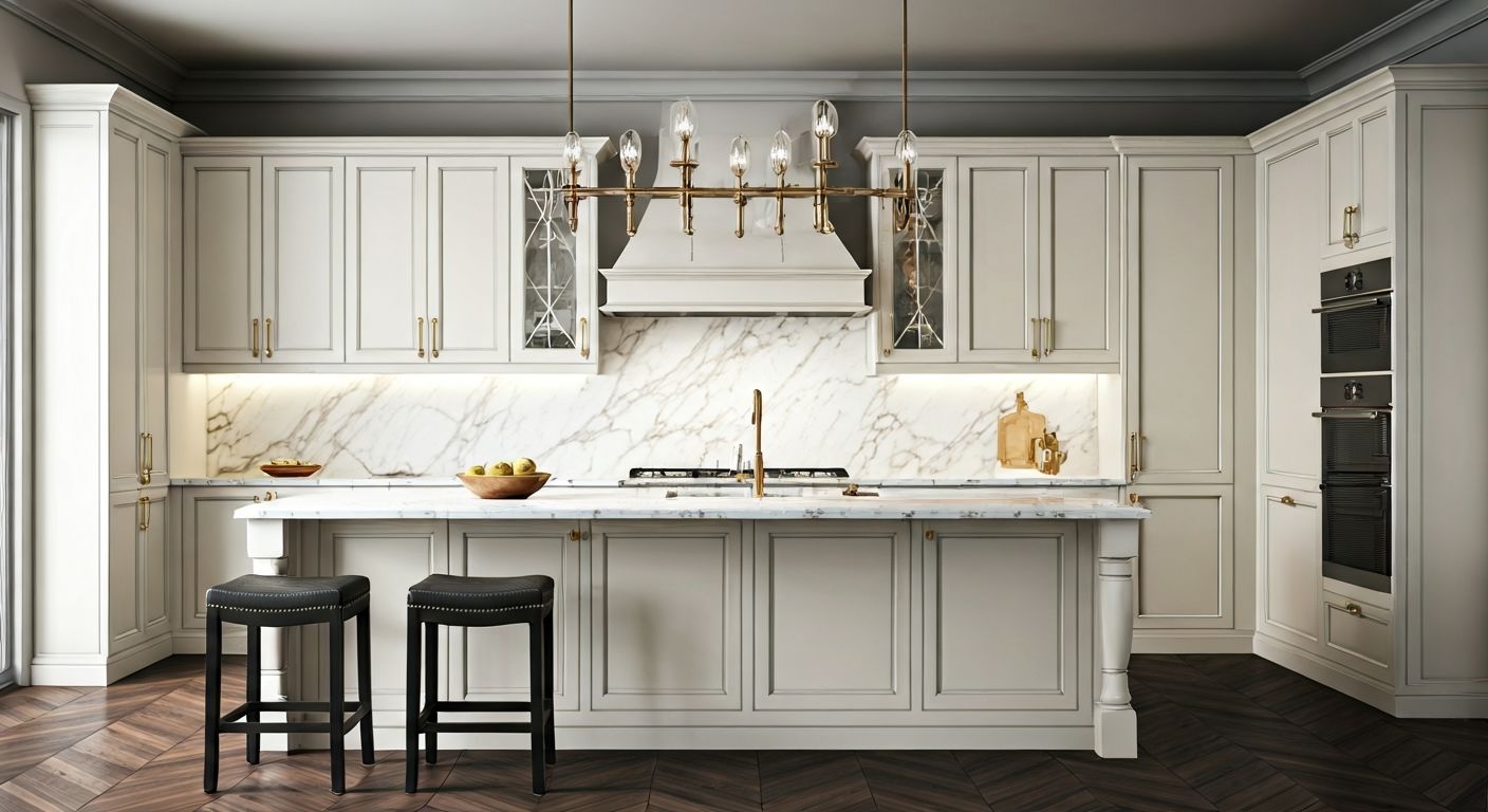 Классическая кухня с островом и холодильником
