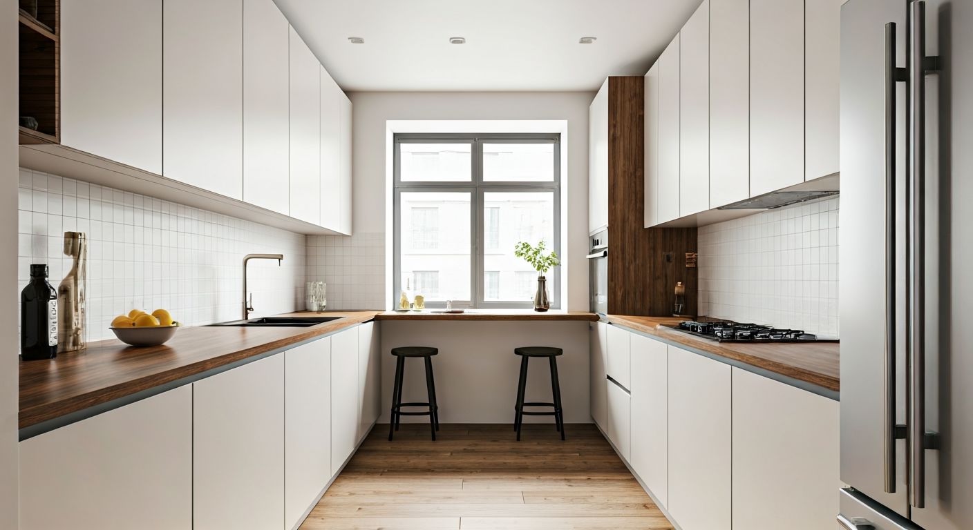 узкая двухрядная кухня с барной стойкой