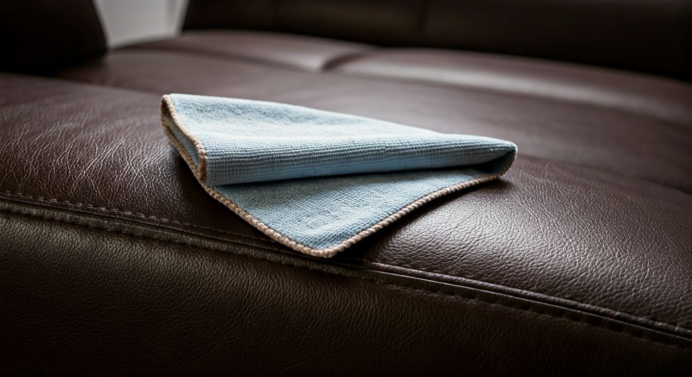 Кожаный диван и микрофибровая салфетка