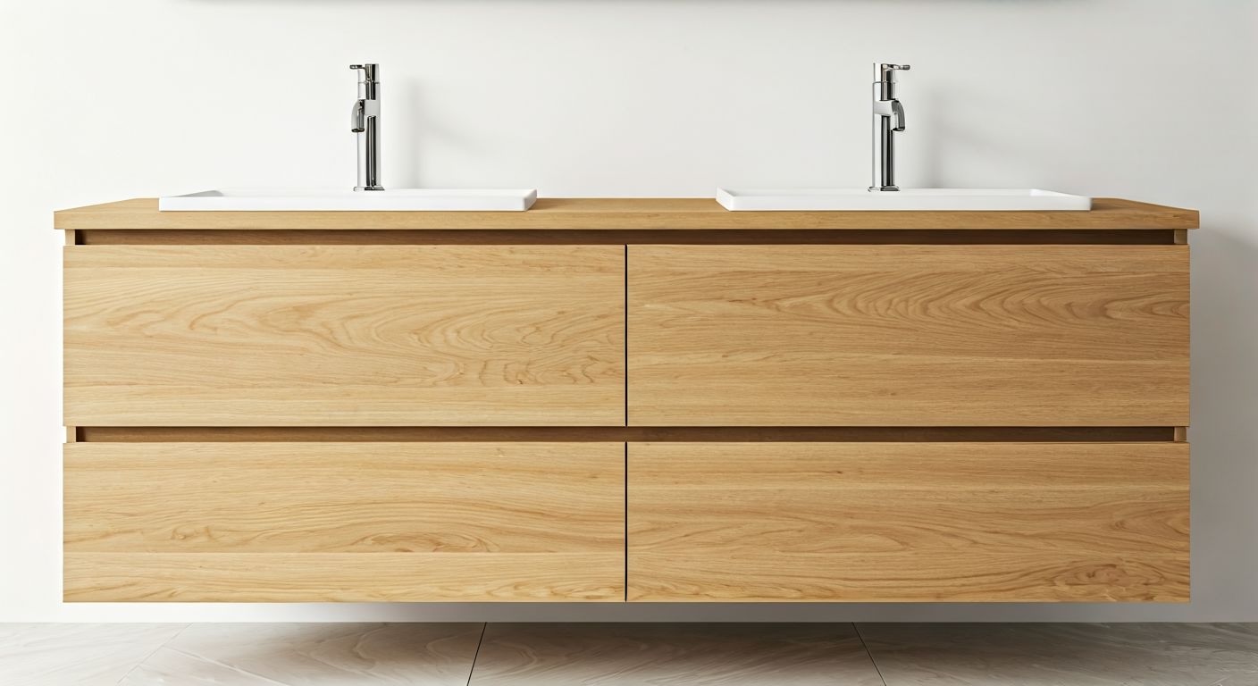 Деревянная тумба в просторной ванной