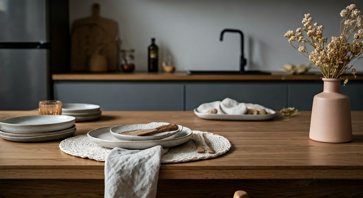 Минималистский сервированный обеденный стол в кухне