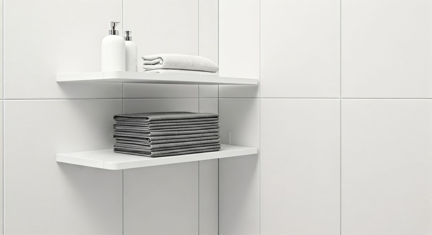 угловые полки в светлой ванной комнате