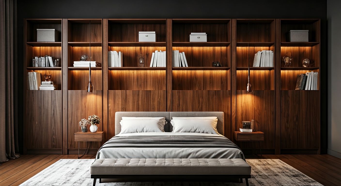 Роскошный стеллаж за кроватью в спальне