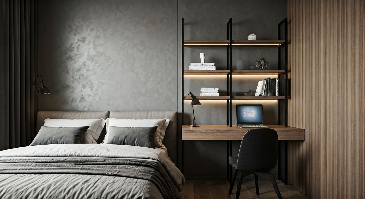 Стеллаж-перегородка между зонами спальни