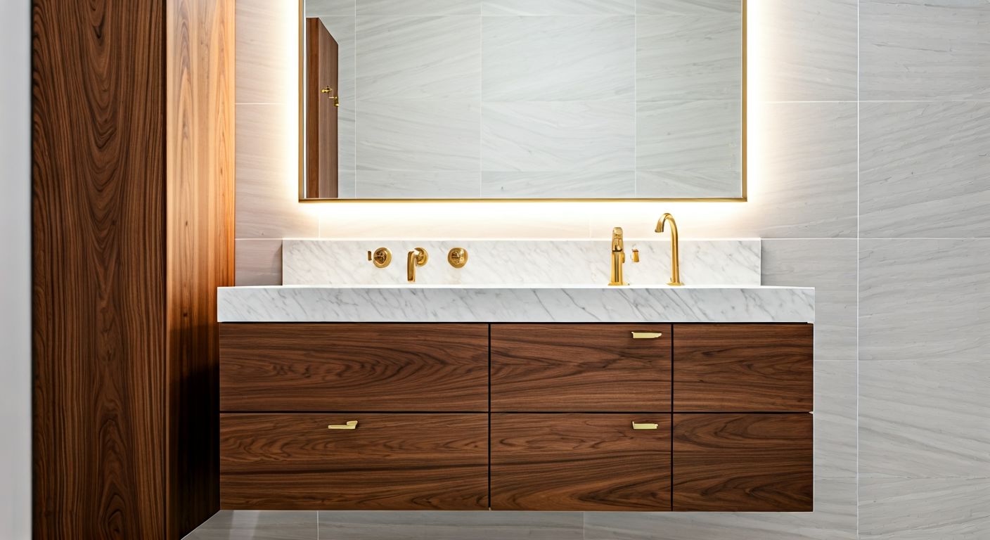 роскошная ванная с деревянной мебелью и мрамором