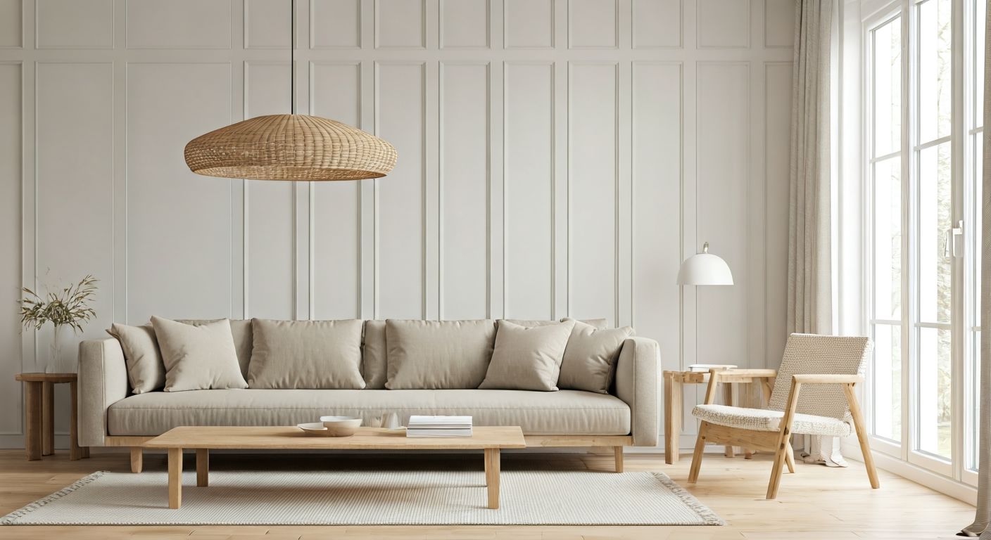 Скандинавская гостиная с натуральной мебелью