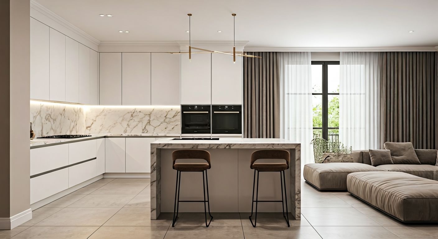 Роскошная зона кухня-гостиная с островом