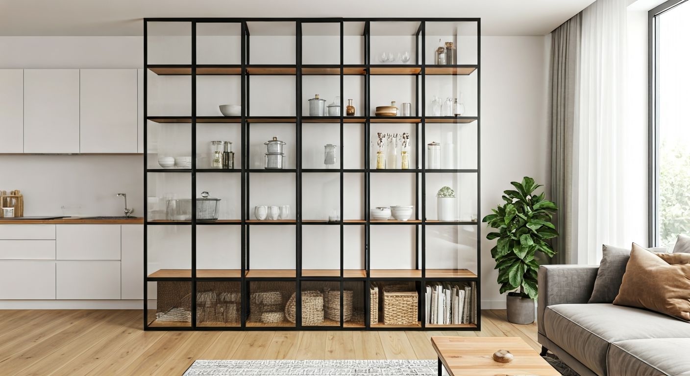 Стеклянный металлический стеллаж разделяет зоны