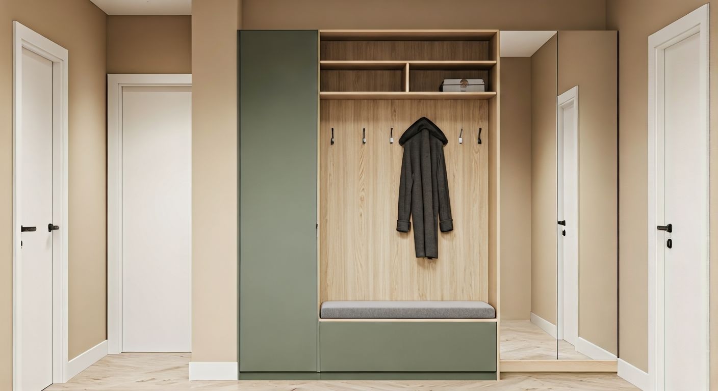Узкая прихожая с модульной мебелью