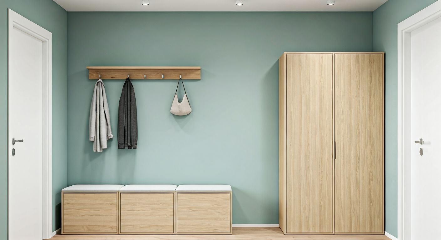 Бюджетная светлая прихожая с банкеткой