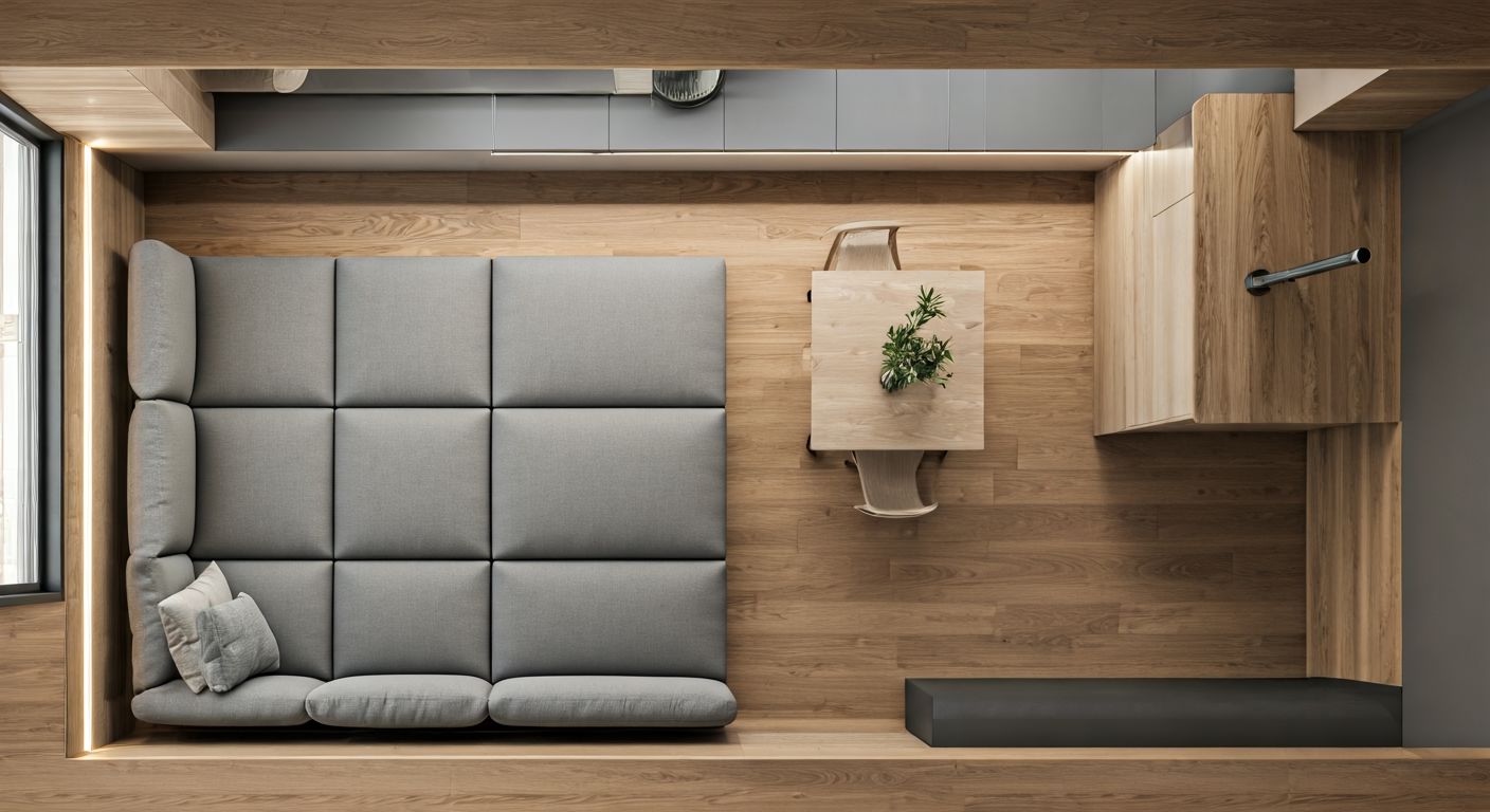 Вид сверху на зонированную гостиную