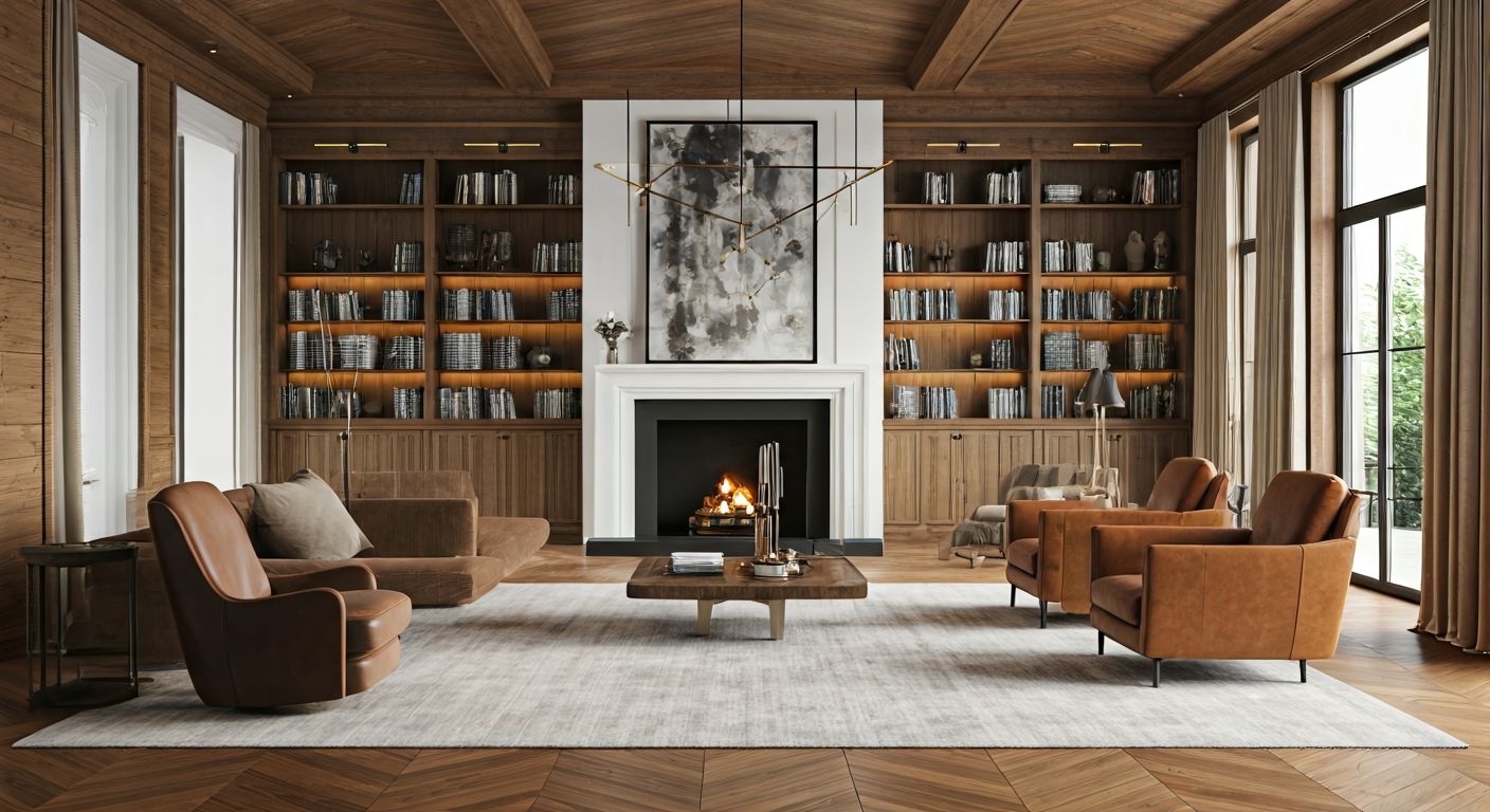 Просторная гостиная с камином и библиотекой