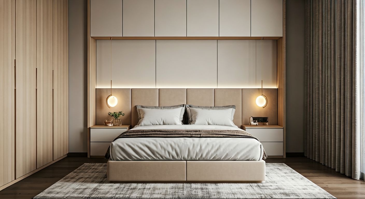 Роскошная современная обстановка компактной спальни