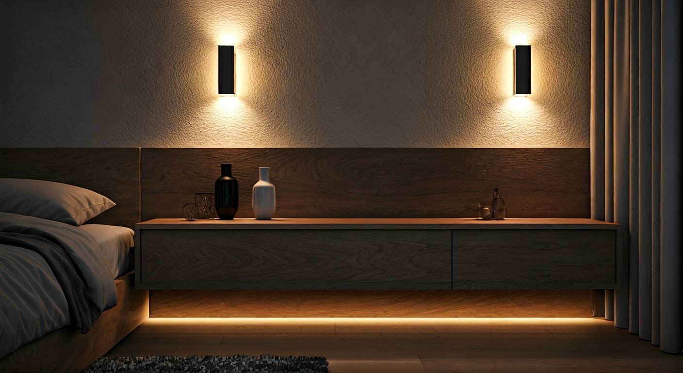 Детали освещения с LED-подсветкой кровати спальни