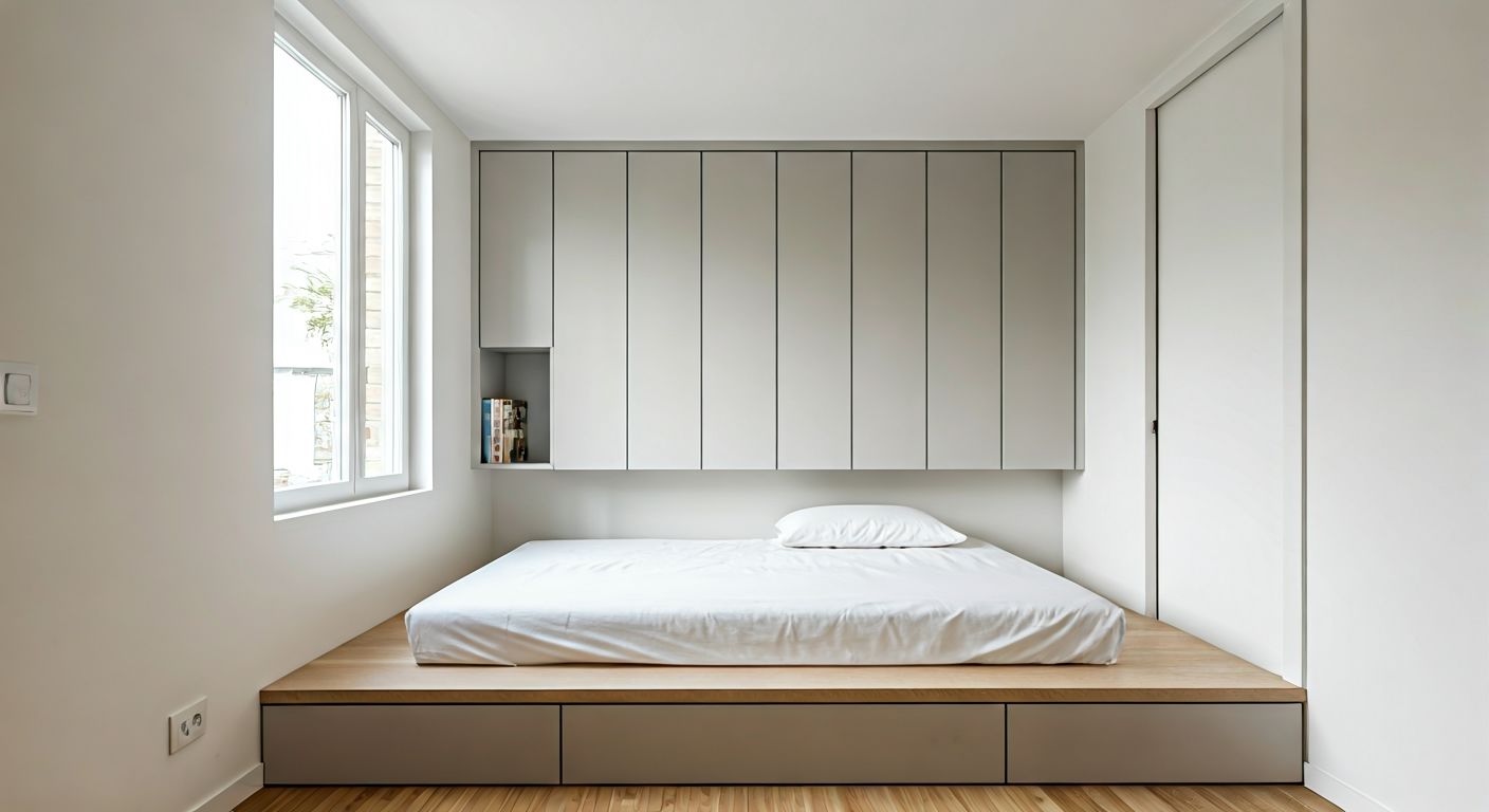 минималистичная студия с низкой кроватью