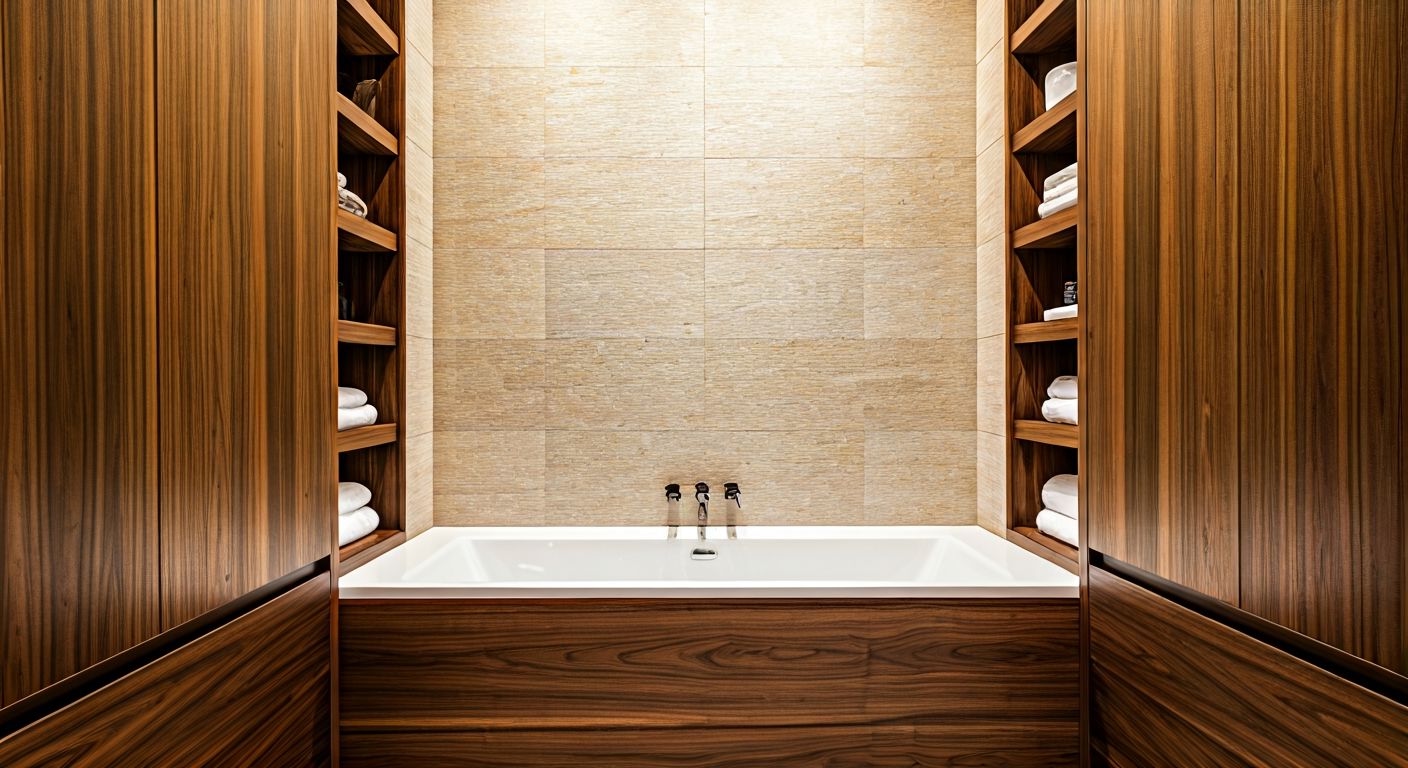 П-образная ванна с нишами и шкафами